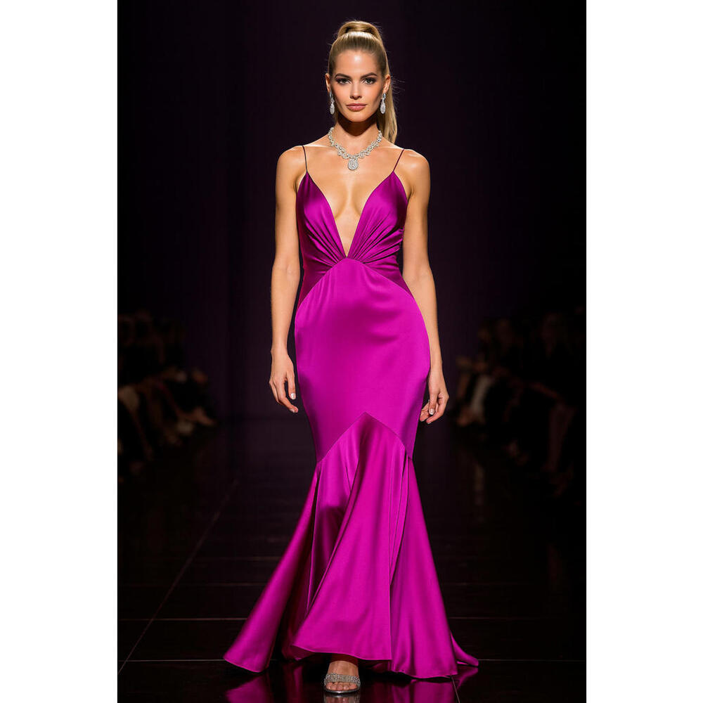 Plunge Satin Mermaid Prom Dress in Fuchsia